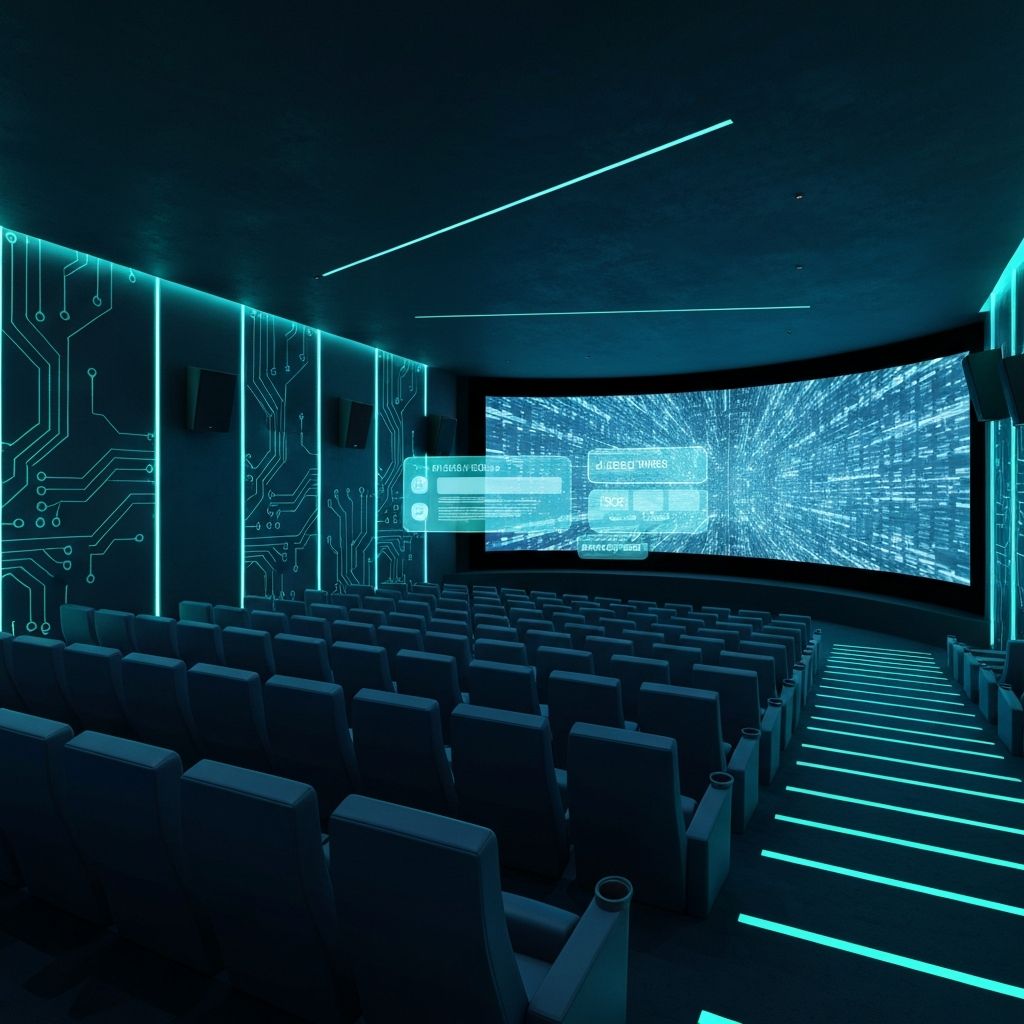 Modern digital cinema theater with futuristic tech elements